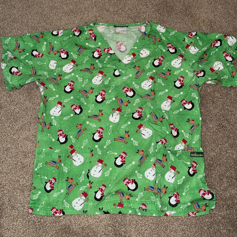 Green Snowman Print Scrub Top